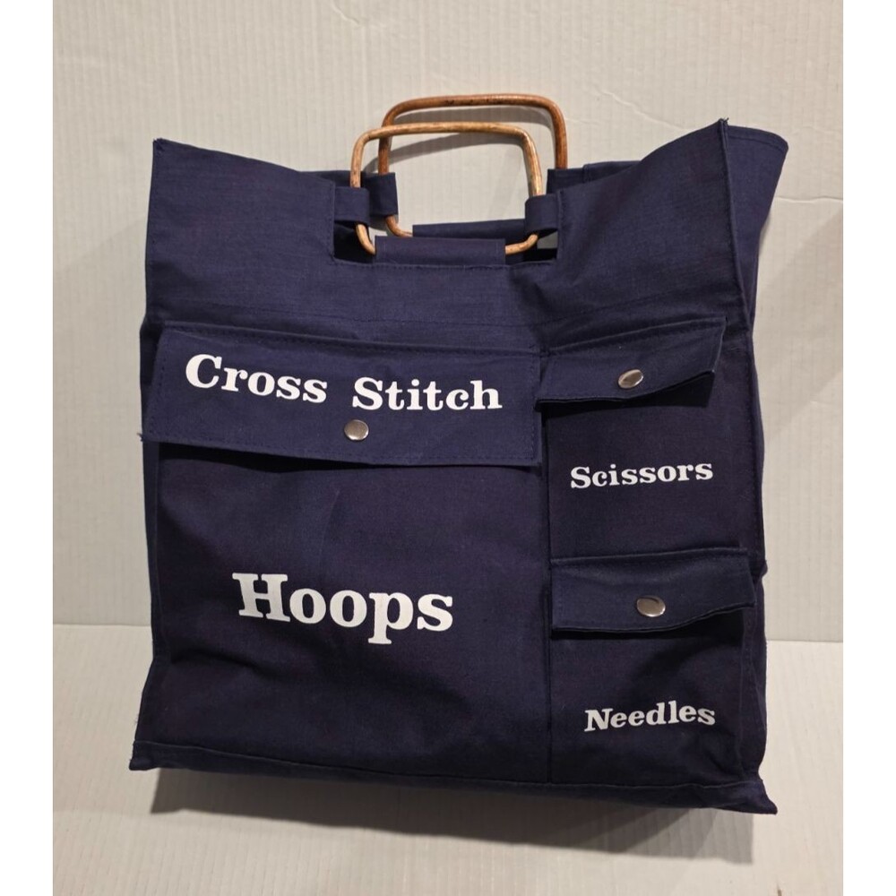 Cross Stitch Needlework Organizer Tote Bag Bamboo Handles Blue 15x14x4 Vintage